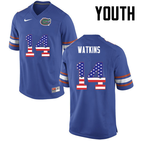 Youth Florida Gators #14 Jaylen Watkins College Football USA Flag Fashion Jerseys-Blue